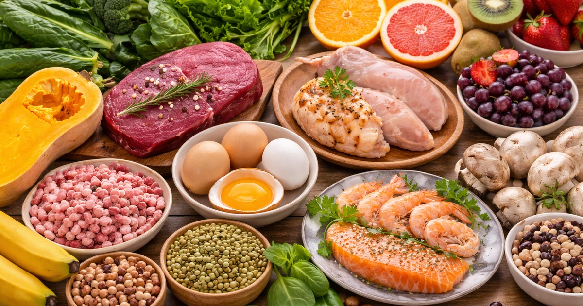 nguon dong vat thit bo thit nac long do trung va thuc vat rau xanh dam va trai cay giau vitamin c an